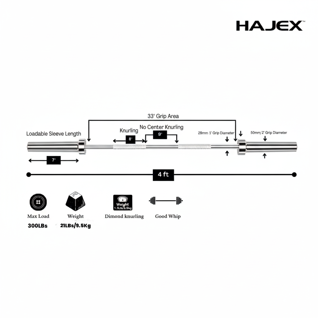 Barres d'haltères olympiques et standard HAJEX 4 pieds, 5 pieds, 6 pieds et 7 pieds