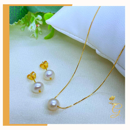 Parure Collier (45 cm) et Boucles d'Oreilles Perles Blanches en Or Véritable 18 carats