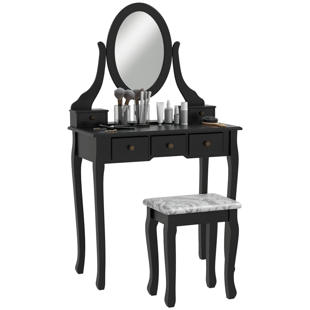 Emma Vanity Desk with Padded Stool and 360° Rotating Oval Mirror-Black