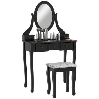 Emma Vanity Desk with Padded Stool and 360° Rotating Oval Mirror-Black