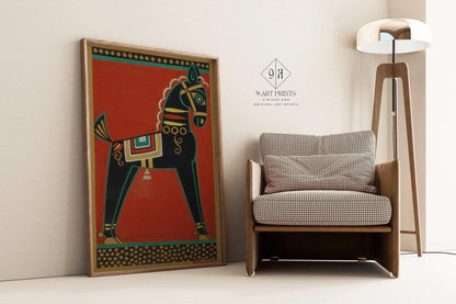 Jamini Roy - Cheval noir (Kalo Ghora) | Art bengali (disponible encadré à la main ou non encadré)