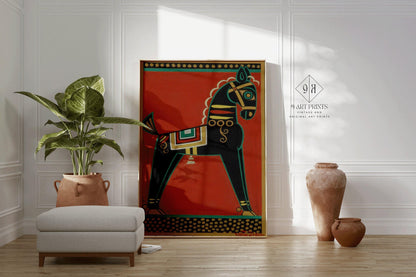 Jamini Roy - Cheval noir (Kalo Ghora) | Art bengali (disponible encadré à la main ou non encadré)