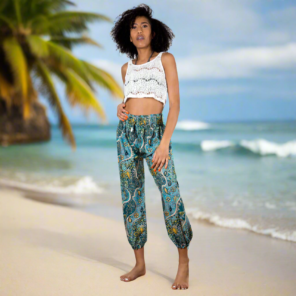 Pantalon imprimé Bali bleu et or