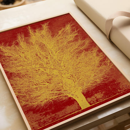 Joichi Hoshi Gold Tree Print: Vintage Japanese Woodblock Art