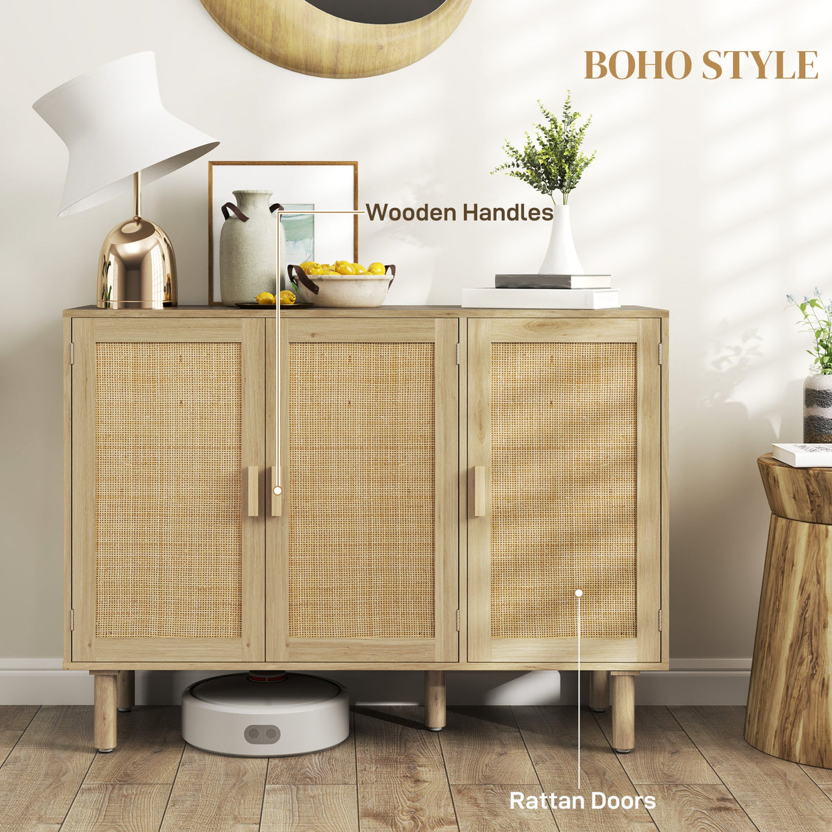 Quinn Bohemian 46.9" Hallway Cabinet/Sideboard with 3 Rattan Doors-Oak