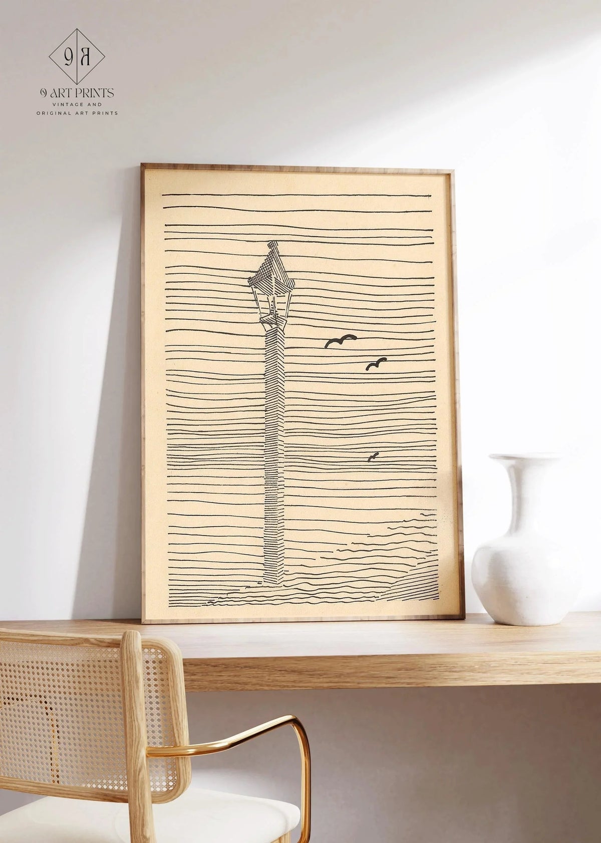 Karl Wiener - Lantern and Three Birds | Minimalist Beige Sketch Art (available handframed or unframed)