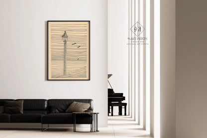 Karl Wiener - Lantern and Three Birds | Minimalist Beige Sketch Art (available handframed or unframed)