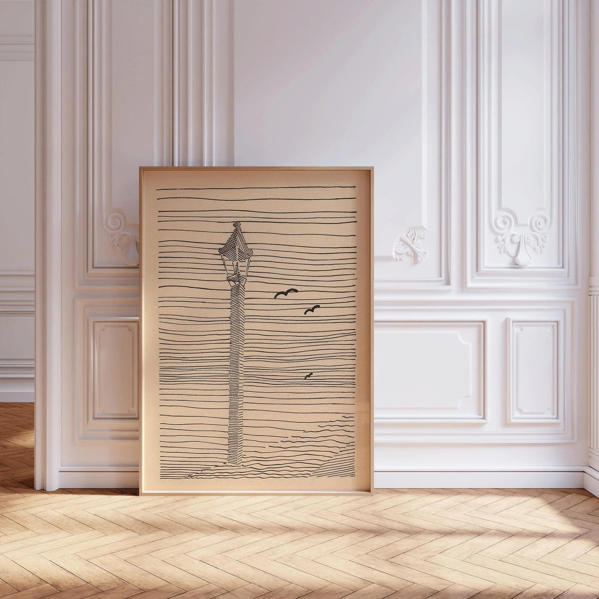 Karl Wiener - Lantern and Three Birds | Minimalist Beige Sketch Art (available handframed or unframed)