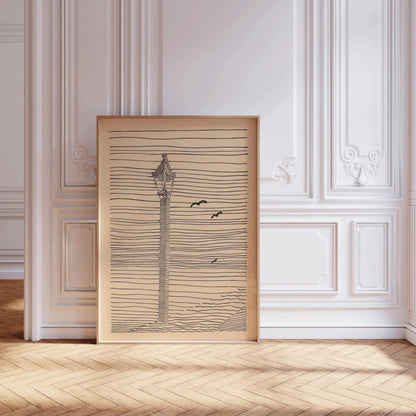 Karl Wiener - Lantern and Three Birds | Minimalist Beige Sketch Art (available handframed or unframed)