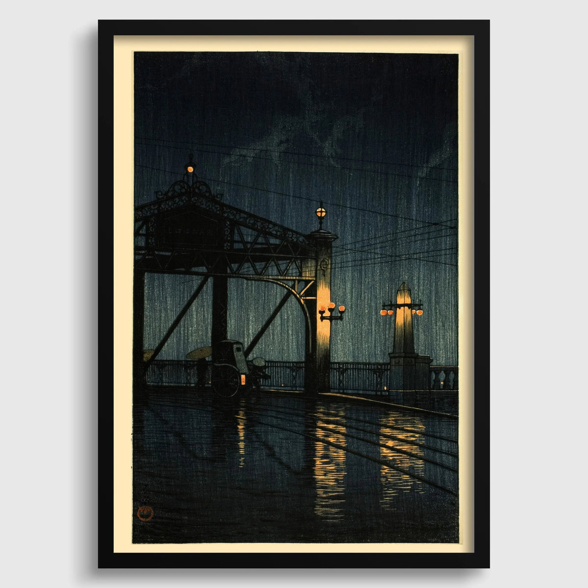 Estampe Pont Shin Ohashi de Kawase Hasui : Art japonais sur bois vintage