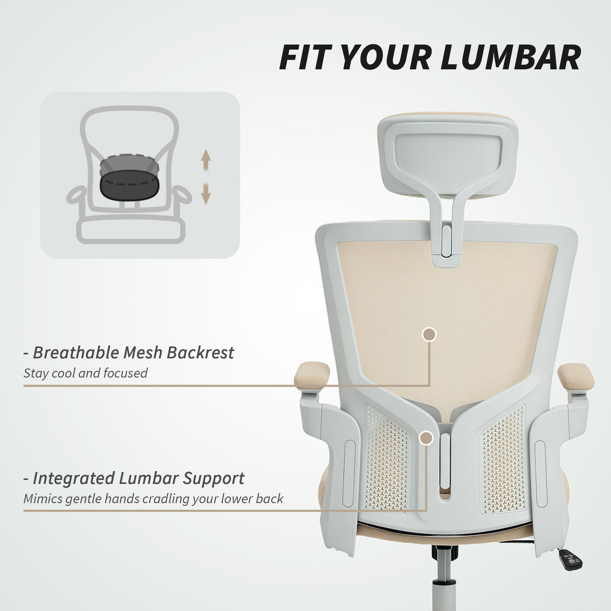 Chaise de bureau ergonomique Andre avec support lombaire 2D et appui-tête réglable - Beige/Blanc