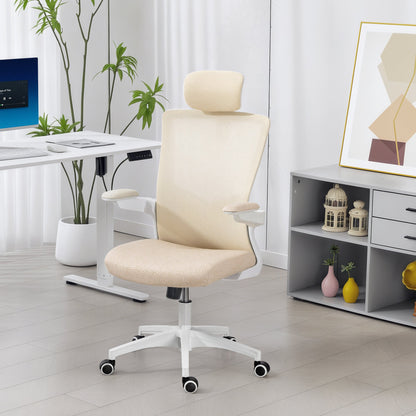 Chaise de bureau ergonomique Andre avec support lombaire 2D et appui-tête réglable - Beige/Blanc