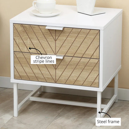 Table de chevet moderne Emery avec 2 tiroirs et pieds en acier-Blanc/Chêne