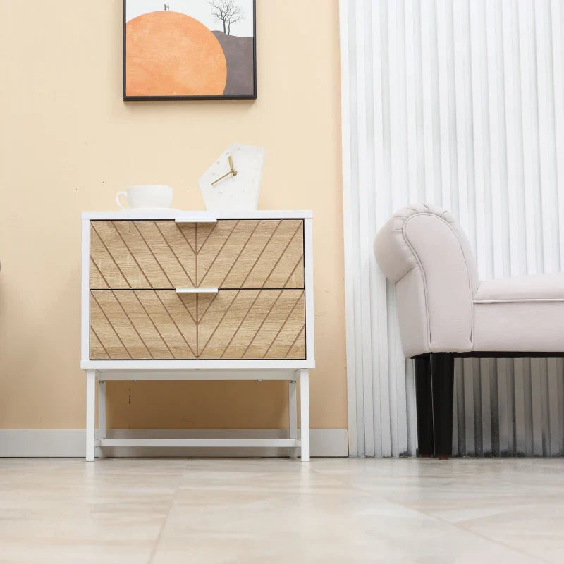 Table de chevet moderne Emery avec 2 tiroirs et pieds en acier-Blanc/Chêne