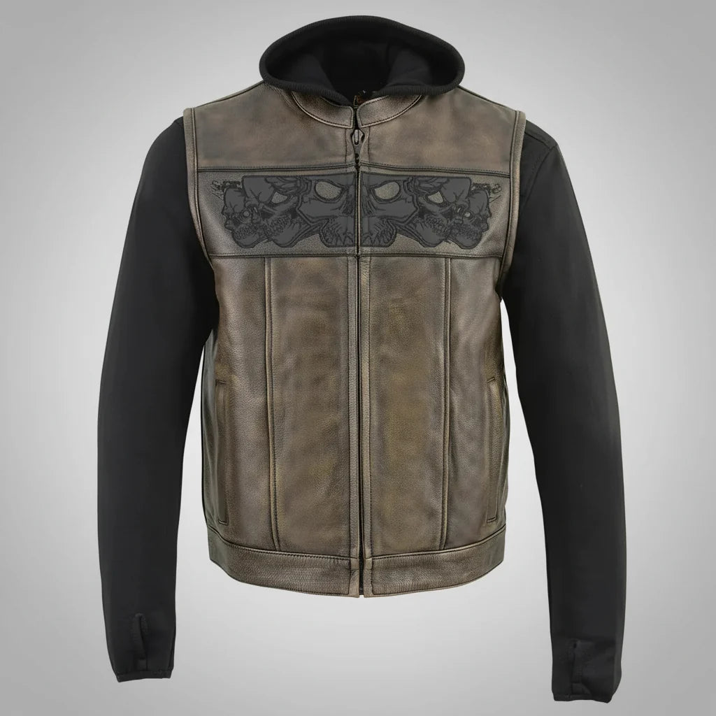 Milwaukee Leather Men's Skull Hoodie Leather Vest | 2-in-1 Moto Vest