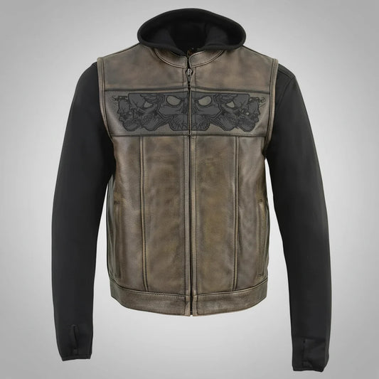 Milwaukee Leather Men's Skull Hoodie Leather Vest | 2-in-1 Moto Vest