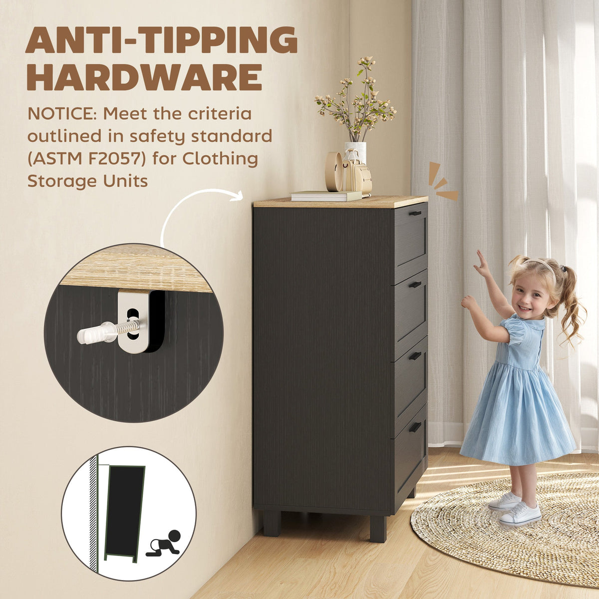 Taylor Chest of Drawers for Bedroom with Solid Wood Legs-Black