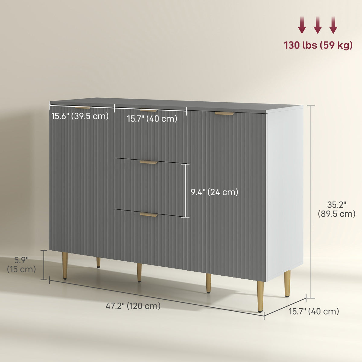 Ellis Modern Kitchen Buffet/Hallway Cabinet with 3 Drawers-Grey