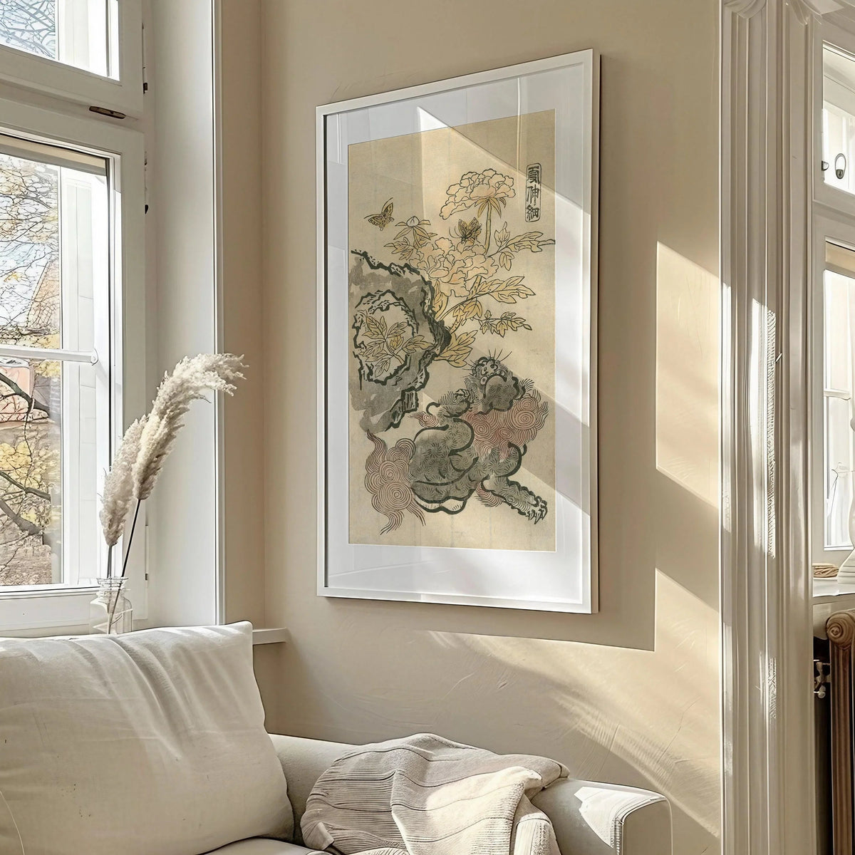 Impression Giclée Lion Chinois & Pivoines : Art Japonais Vintage