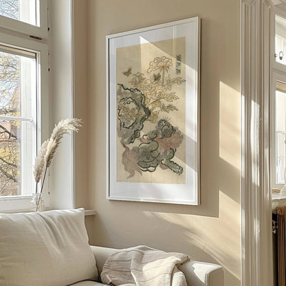 Impression Giclée Lion Chinois & Pivoines : Art Japonais Vintage