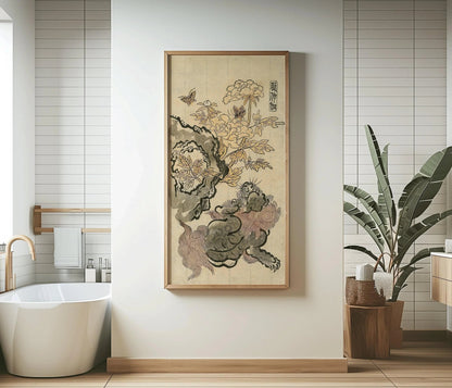 Impression Giclée Lion Chinois & Pivoines : Art Japonais Vintage