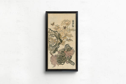 Impression Giclée Lion Chinois & Pivoines : Art Japonais Vintage