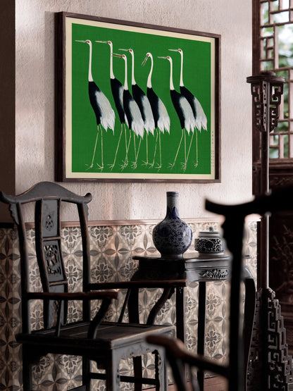 Ogata Korin - Cranes | PRINT | Vintage Japanese Art in Green (Available handframed or unframed)