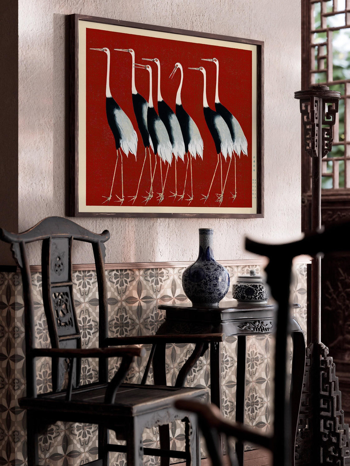 Ogata Korin Cranes Print in Red: Vintage Japanese Art Giclee