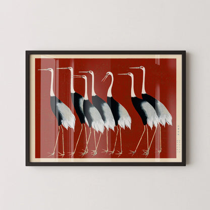 Ogata Korin Cranes Print in Red: Vintage Japanese Art Giclee