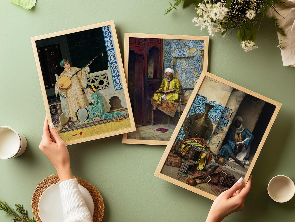 Orientalist Elegance: STATEMENT TRIO ArtFeaturing Musicians Scholars & Rich Patterns ‚Äì Timeless Wall D√©cor Available framed