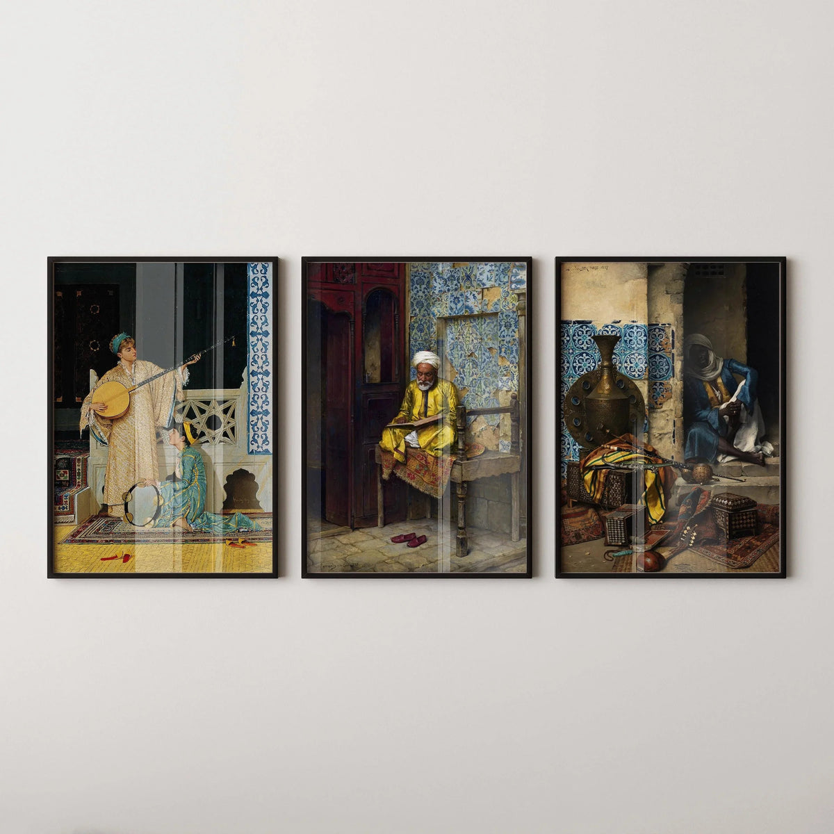Orientalist Elegance: STATEMENT TRIO ArtFeaturing Musicians Scholars & Rich Patterns ‚Äì Timeless Wall D√©cor Available framed