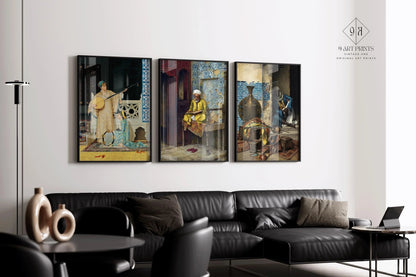 Orientalist Elegance: STATEMENT TRIO ArtFeaturing Musicians Scholars & Rich Patterns ‚Äì Timeless Wall D√©cor Available framed