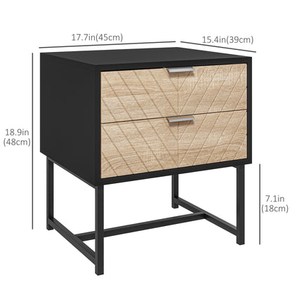 Table de chevet moderne Emery avec 2 tiroirs et pieds en acier-Noir/Chêne
