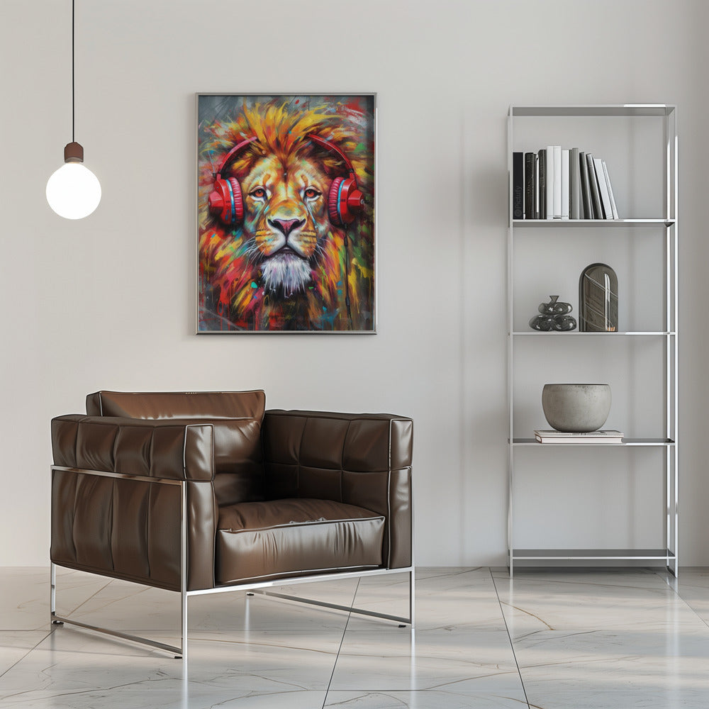 Colourful Lion Wearing Red Headphones Canvas Wall Art | Lion With Headphones animal