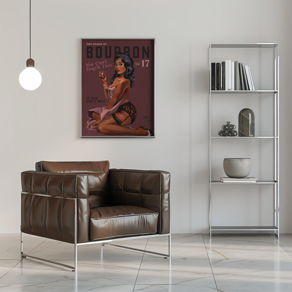 Retro Whiskey Pinup on Burgundy Background Canvas Wall Art