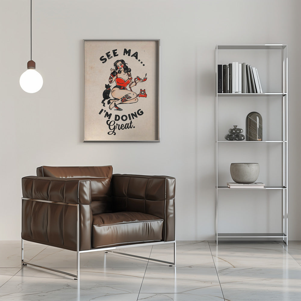 Funny Retro Pinup Woman and Cat Poster Canvas Wall Art | See Ma Poster Funny Vintage Pinup Girl & Cat