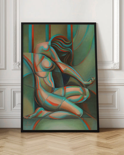 Anaglyphical Roundism Canvas Wall Art | 3D Anaglyph Effect Cubist Nude in Teal & Red | 3 Sizes & Available Finishes