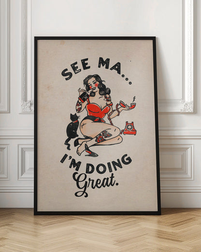 Funny Retro Pinup Woman and Cat Poster Canvas Wall Art | See Ma Poster Funny Vintage Pinup Girl & Cat
