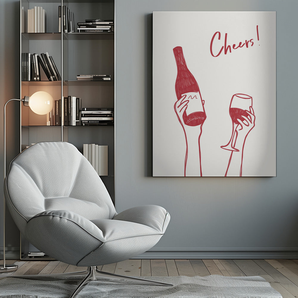 Wall art Cheers wine illustration & text (black & white)