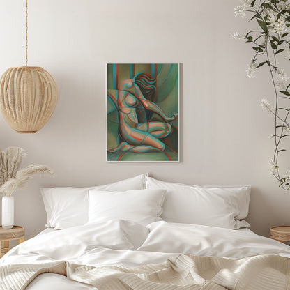 Anaglyphical Roundism Canvas Wall Art | 3D Anaglyph Effect Cubist Nude in Teal & Red | 3 Sizes & Available Finishes