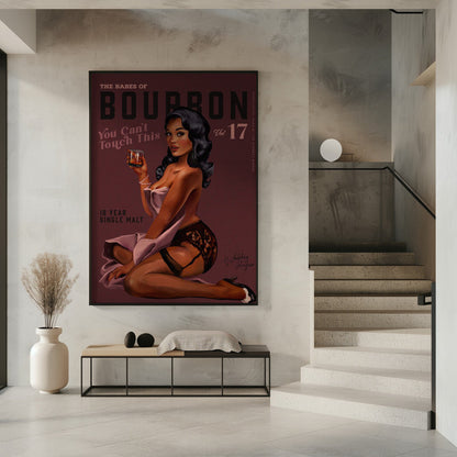 Retro Whiskey Pinup on Burgundy Background Canvas Wall Art