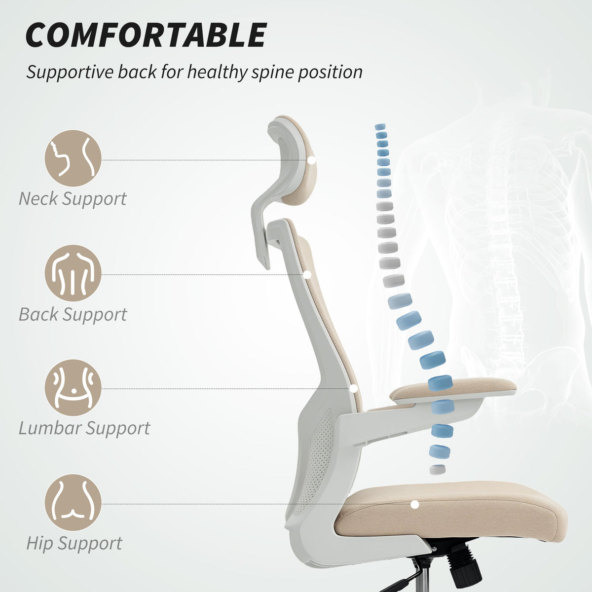 Chaise de bureau ergonomique Andre avec support lombaire 2D et appui-tête réglable - Beige/Blanc