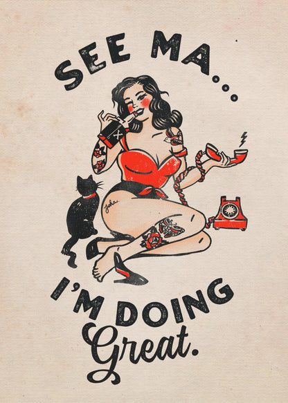 Funny Retro Pinup Woman and Cat Poster Canvas Wall Art | See Ma Poster Funny Vintage Pinup Girl & Cat