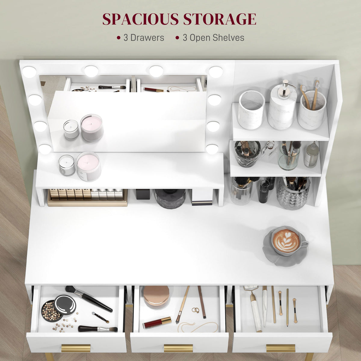Sophia Illuminated Makeup Table with LED Lights and 3 Drawers-White