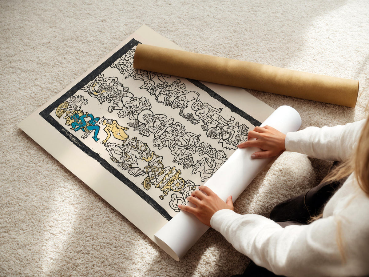 Reijer Stolk Indian Motif Woodcut Print: Symbolist Art, Gold & Blue Accents