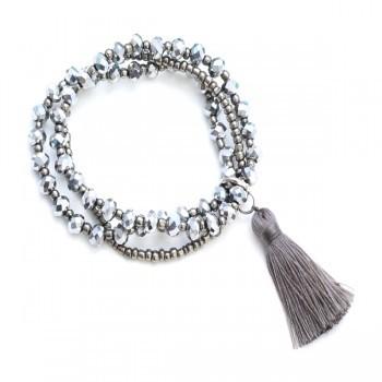Triple-Strand Crystal Bead Bracelet With Tassel