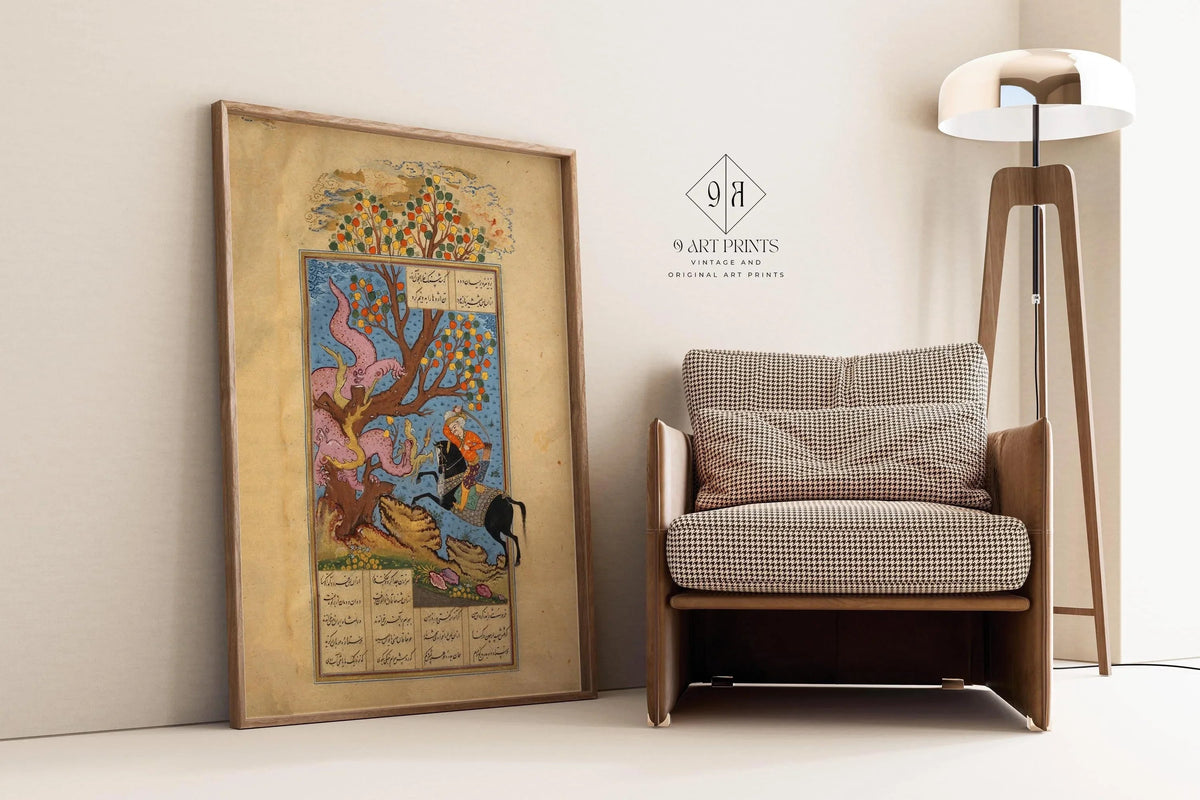Persian Miniature Art Print: Rustam Battles a Div - Shahnama Giclee