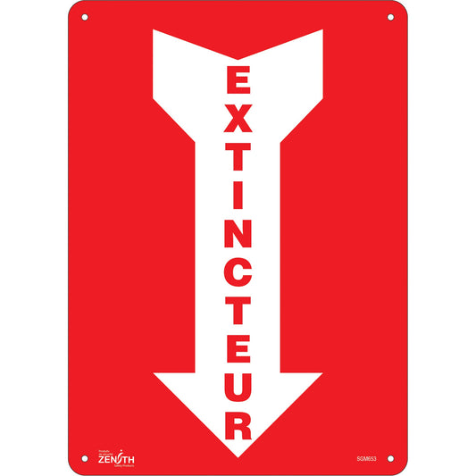 Panneau "Extincteur" avec flèche, 35,6 cm x 25,4 cm, Plastique, Français avec pictogramme