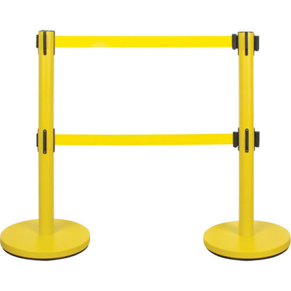 Poteau de guidage double sangle, acier, 89 cm H, sangle jaune, 2,1 m de long