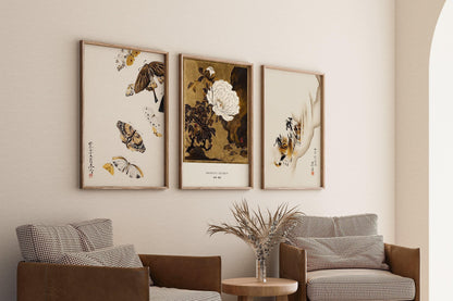 Ensemble d'estampes japonaises de Shibata Zeshin : Papillons, Pivoines, Tigre